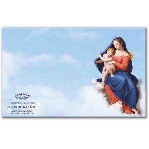 Mini-lápida de cerámica, azulejo 25x40 cm. fondo cielo, Virgen con Niño y logo funeraria Jesús de Nazaret