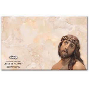 Mini-lápida de cerámica, azulejo 25x40 cm. fondo Mármol Rosáceo, Cristo, y logo funeraria Jesús de Nazaret