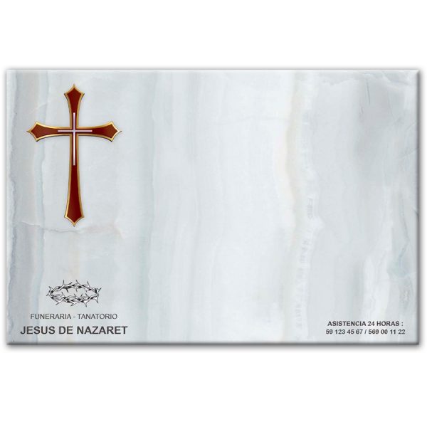 Mini-lápida de cerámica, azulejo 20x30 cm. con cruz, fondo mármol azulado y logo funeraria Jesús de Nazaret