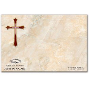 Mini-lápida azulejo 20x30 cruz, mármol beige y logo funeraria Jesús de Nazaret