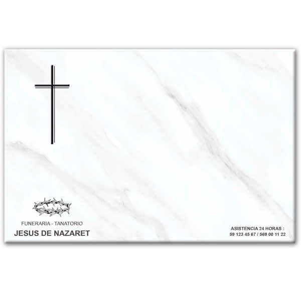 Mini-lápida de cerámica, azulejo 20x30 cm. con cruz, fondo mármol Carrara y logo funeraria Jesús de Nazaret