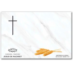 Mini-lápida de cerámica, azulejo 20x30 cm. con cruz, fondo mármol Carrara, espigas y logo funeraria Jesús de Nazaret