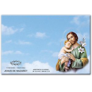 Mini-lápida de cerámica, azulejo 20x30 cm. con fondo cielo y logo funeraria Jesús de Nazaret y San José