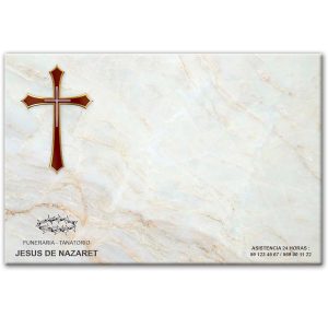Mini-lápida de cerámica, azulejo 20x30 cm. con cruz, fondo mármol Cuarteado y logo funeraria Jesús de Nazaret