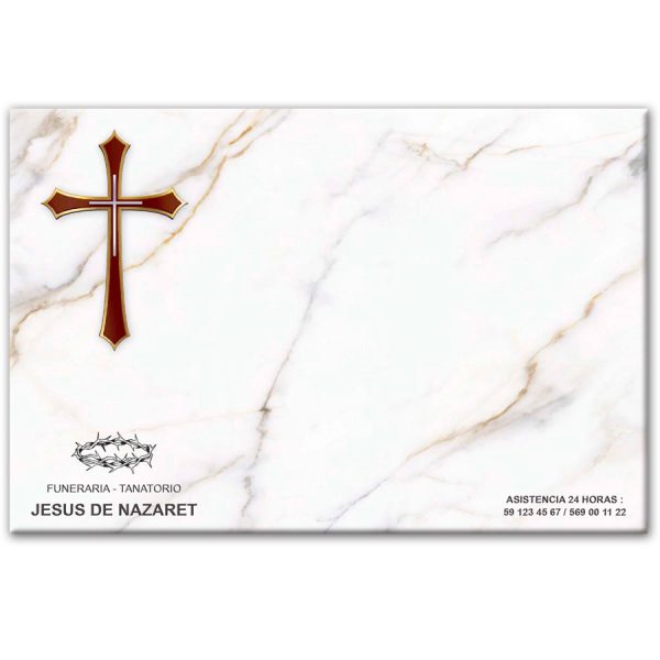 Mini-lápida de cerámica, azulejo 20x30 cm. con cruz, fondo mármol Lineas Finas y logo funeraria Jesús de Nazaret