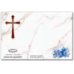 Mini-lápida de cerámica, azulejo 20x30 cm. con cruz, fondo mármol Lineas Finas, flor azul y logo funeraria Jesús de Nazaret
