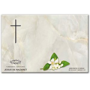Mini-lápida de cerámica, azulejo 20x30 cm. fondo mármol Verde, Cruz, flor de Azahar y logo funeraria Jesús de Nazaret