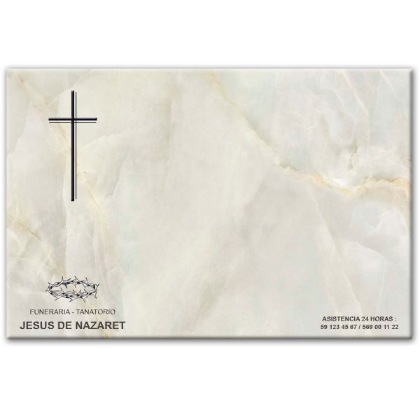 Mini-lápida de cerámica, azulejo 20x30 cm. fondo mármol Verde, Cruz, y logo funeraria Jesús de Nazaret