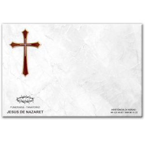 Mini-lápida de cerámica, azulejo 20x30 cm. con cruz, fondo mármol White y logo funeraria Jesús de Nazaret