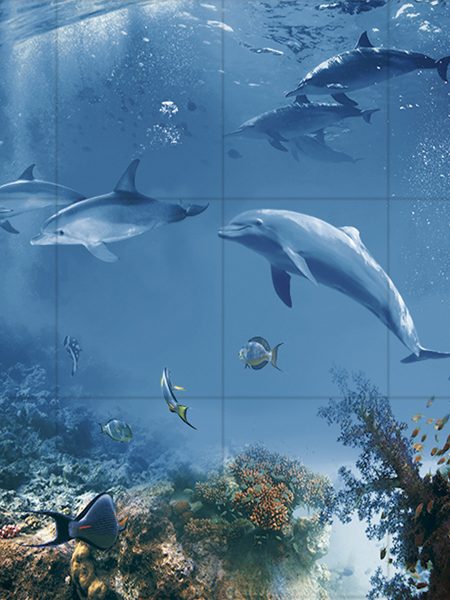 Mural de azulejos fondo marino con delfines. Seabed with dolphins.